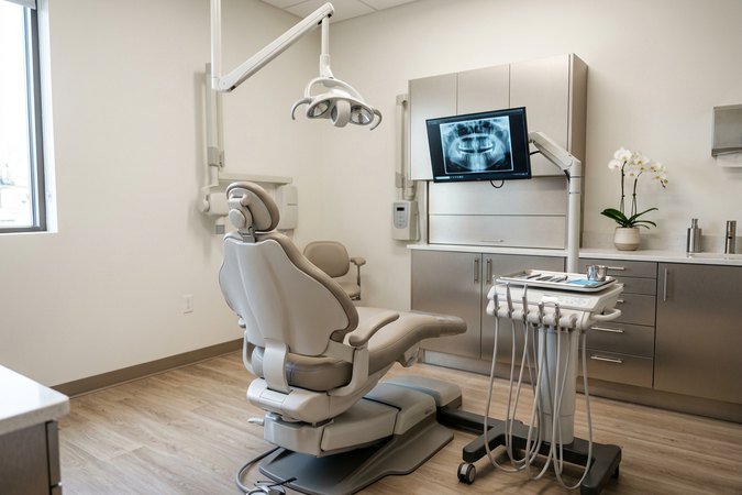 Modern dental operatory with chair and overhead surgical light