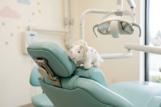 Pediatric dental chair with a small plush toy