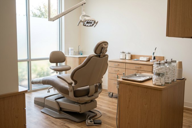 Modern dental operatory with side cabinet and sterile supplies