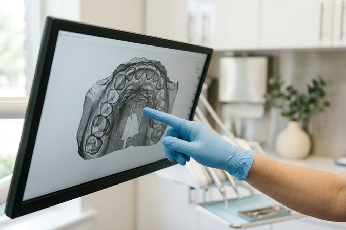 Gloved hand reviewing a 3D dental scan on a clinical monitor